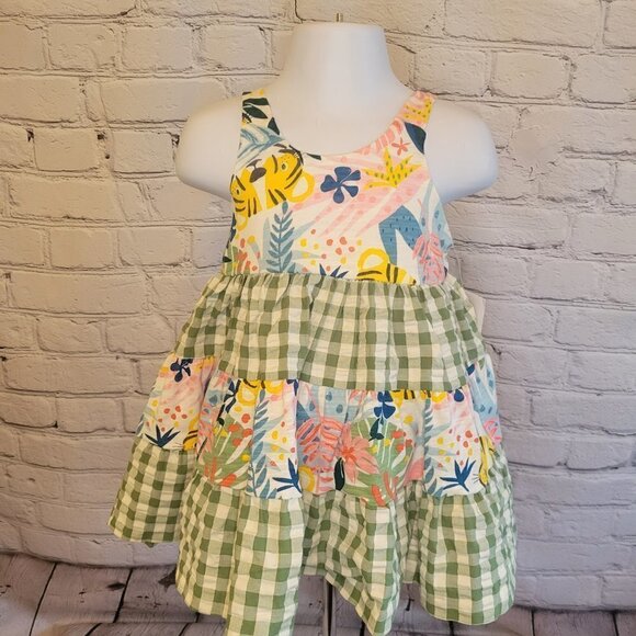 Baby Girls Sleeveless Tiered Mixed Tropical Print and Seersucker Check Dress - Picture 1 of 6